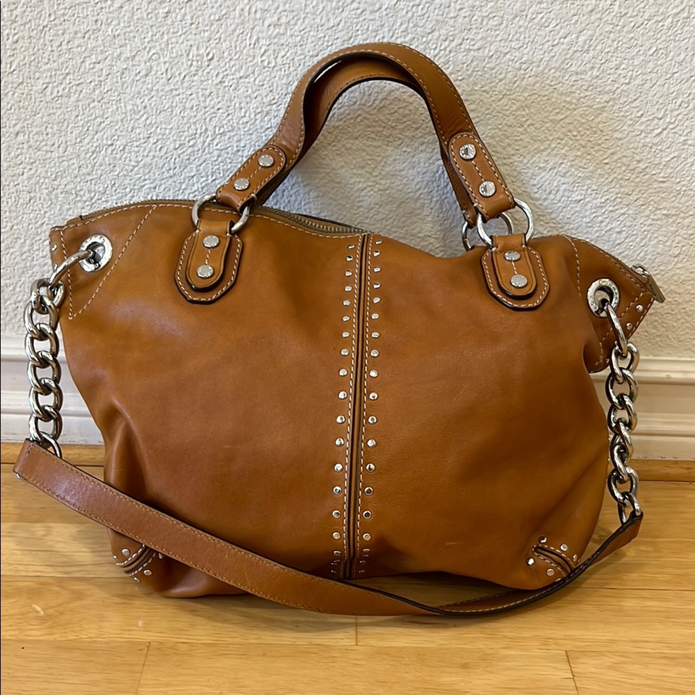 Michael Kors Brown Leather Shoulder Bag with Chain Straps and Hardware